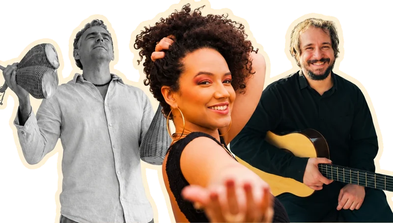Rodrigo Campos na percussão, Júlia Rolim ao centro e Lucas Corrêa no violão